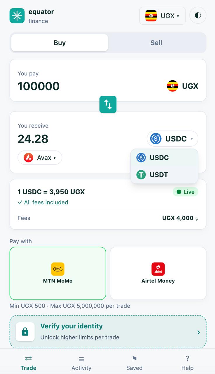 The Equator Finance app's buy screen: pay UGX 100,000, receive 24.28 USDC or choose USDT, with the live rate and MTN MoMo and Airtel Money as payment methods