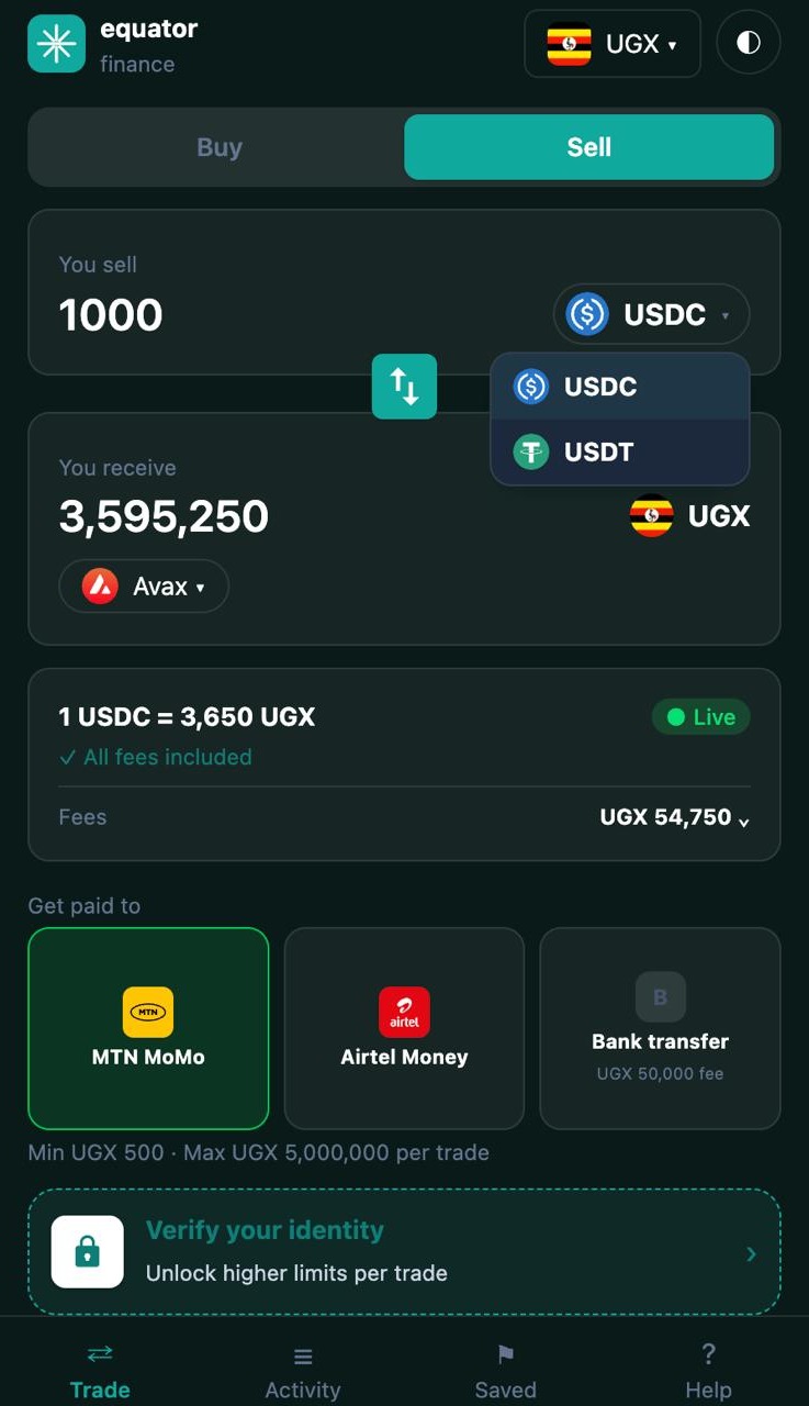 The Equator Finance app's sell screen in dark mode: sell 1,000 USDC or choose USDT, receive UGX 3,595,250, paid out to MTN MoMo, Airtel Money or a bank transfer
